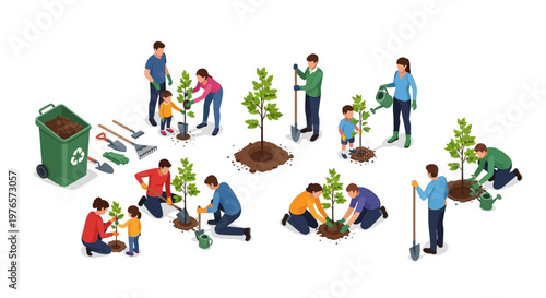 Isometric illustration depicts an urban reforestation initiative where diverse people are planting trees with gardening tools, set against a clean white background with a bright, optimistic