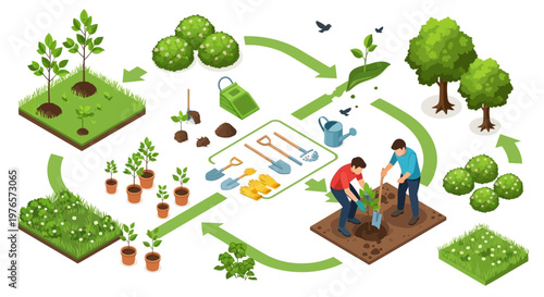 Isometric illustration of an Urban Reforestation project showing a tree planting campaign with people carefully planting saplings in soil and watering them, set against a clean white
