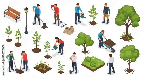 Isometric illustration showing an urban reforestation project with people planting trees, bushes, and saplings in a city environment, depicted in a clean, 3D design with a focus on green