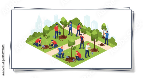 In an isometric 3D vector illustration, a group of people participates in an urban reforestation project, planting trees in a city park with a bright, eco-conscious design