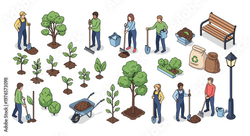 Isometric illustration showing an urban reforestation project with people planting trees, using gardening tools, and a wheelbarrow, set against a clean white background that conveys