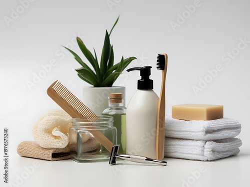 Natural bathroom self care products with wooden brush and soap bar