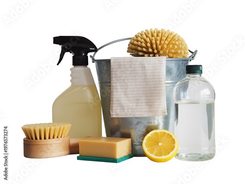 Natural cleaning supplies and eco friendly products arranged on white surface