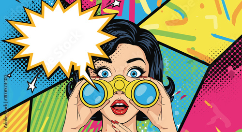 Pop art woman with binoculars in comic style illustration
