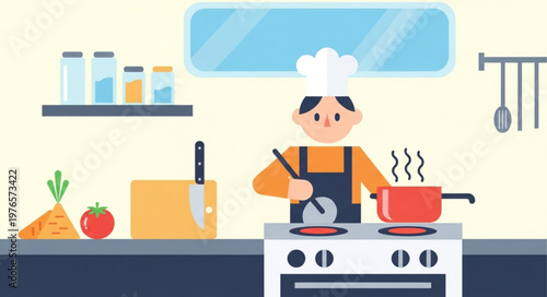 Smiling chef stirring a pot on stove wearing apron and hat.