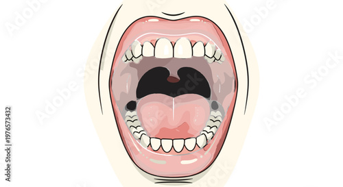 Closeup of open mouth with teeth and tongue showing inside