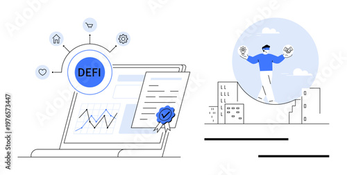 Fintech innovation, decentralized applications, blockchain, investment, digital currency, online services. A laptop with DeFi, charts and digital assets. Blockchain and investment concept