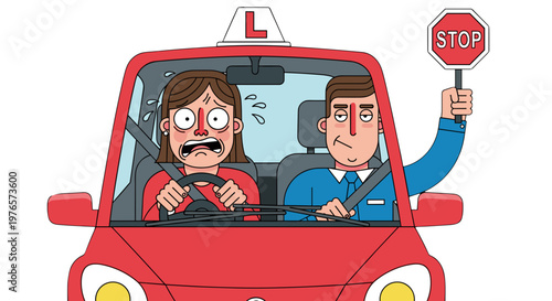 Cartoon of a young girl and adult man driving car with stop sign