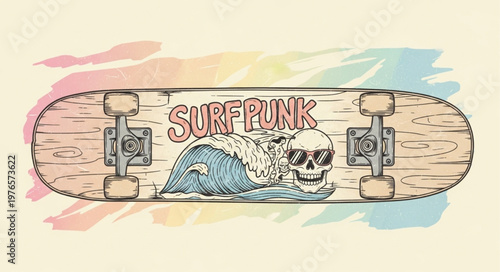 Surf Punk Skull Wave Skateboard Deck Illustration Design.