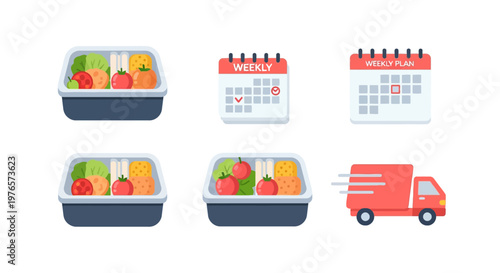 Healthy Meal Plan Service Icon Set, Weekly Diet Catering and Fast Food Delivery Concept