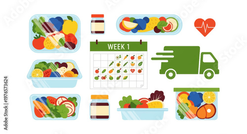 Healthy Meal Prep Service Vector Illustration Set, Weekly Diet Plan and Food Delivery Concept