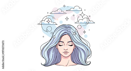 Illustration of a woman with flowing blue hair and dreamy expression