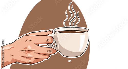Hand holding a steaming cup of coffee or tea on brown background