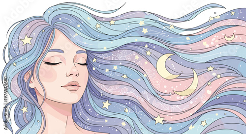 Illustration of a woman with flowing starry hair and celestial elements