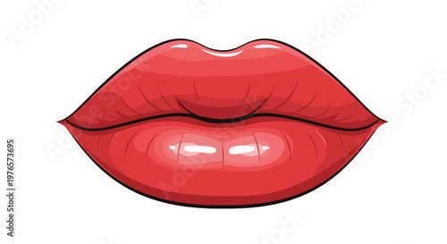 Closeup of glossy red lips with shiny makeup on a neutral background