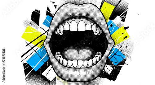 Closeup of a persons open mouth with teeth and tongue showing