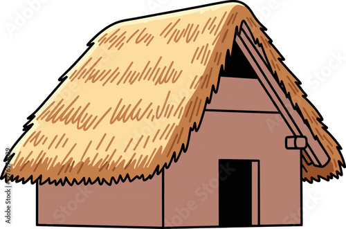 Traditional Primitive Hut with Thatched Straw Roof