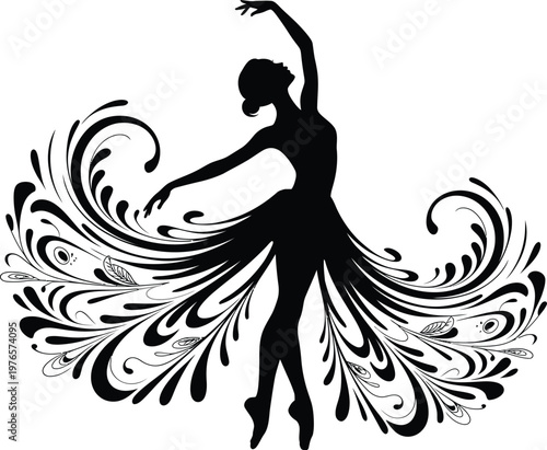 black and white artistic silhouette of ballerina in elegant dance pose with floral design