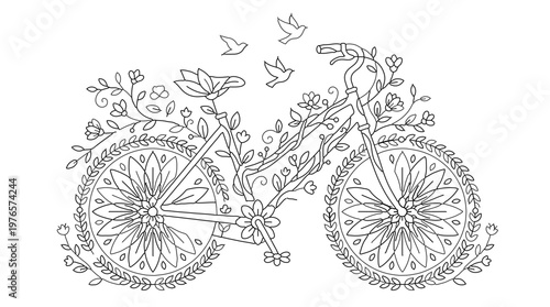 Artistic bicycle adorned with intricate floral and avian motifs, perfect for creative expression and tranquil contemplation