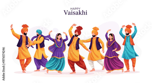 A vibrant, full-shot vector illustration of the Vaisakhi celebration, showing a group of traditionally dressed Punjabi people joyfully dancing against a clean white background