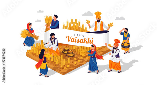 Isometric illustration of a vibrant Vaisakhi festival celebration, showing farmers harvesting wheat against a clean white background, with people in traditional Punjabi attire and a banner