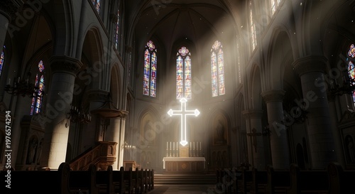 Cross in a Dark Church Interior.
