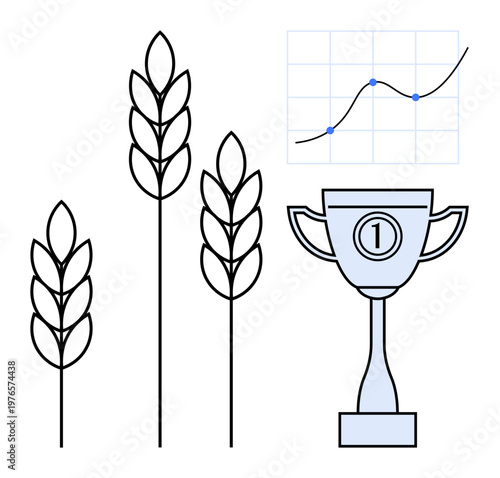 Agriculture growth concept. Visual ation of agriculture trends with wheat stalks, a trophy, and a data chart. Agriculture focusing on success and analytics. For farming, agribusiness, data analysis