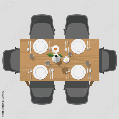 A top-down view of a dinner table set for six guests