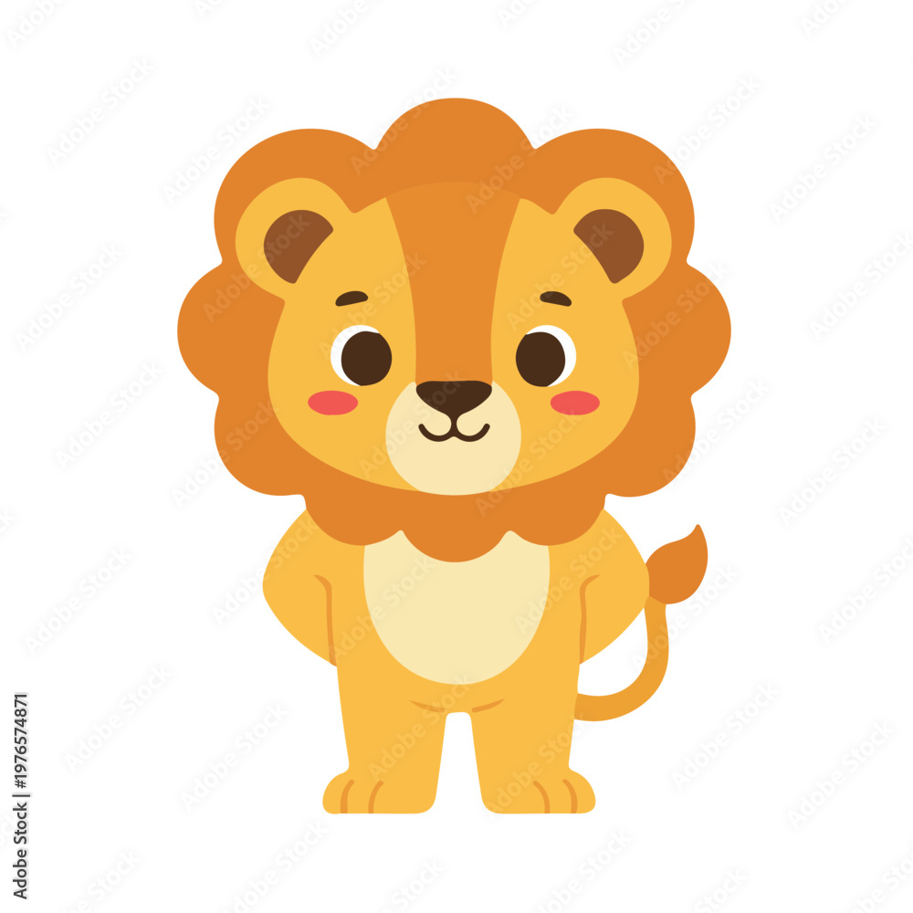 Obraz premium Cute kawaii standing lion facing front flat vector illustration, Cartoon lion character with big mane isolated, Minimalist wild cat mascot icon