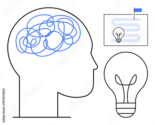 Problem-solving concept. Simplified human brain with tangled thoughts, lightbulb ideas, and a progress path to solutions. Problem-solving aids innovation, decision-making, brainstorming, learning