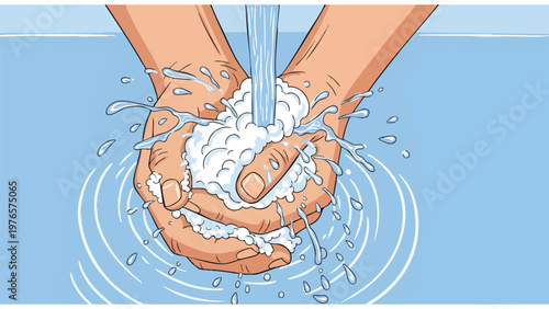 Hand Washing Hygiene Illustration - Clean Hands, Soap, Water Splash for Health & Safety