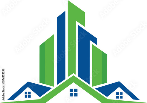 A sleek and modern real estate logo combining tall city buildings with residential house elements. The green and blue color palette represents growth, sustainability, trust, and stability. The clean g