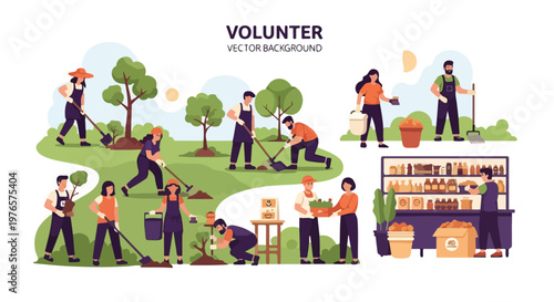 A vector illustration depicts volunteers performing various community service