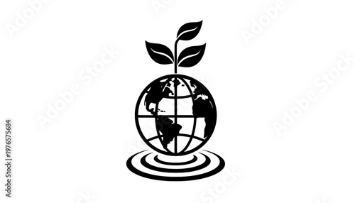A black and white illustration of a globe with a plant growing out of it