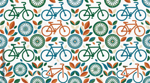 A seamless repeating pattern featuring bicycles, wheels, and autumnal leaves in a warm color palette of green, orange, and blue on a white background, perfect for textile or digital design