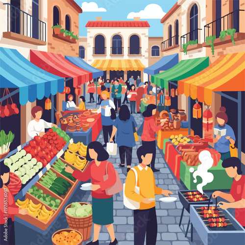 Fotografija A vibrant marketplace scene showcasing food stalls and a crowd of shoppers