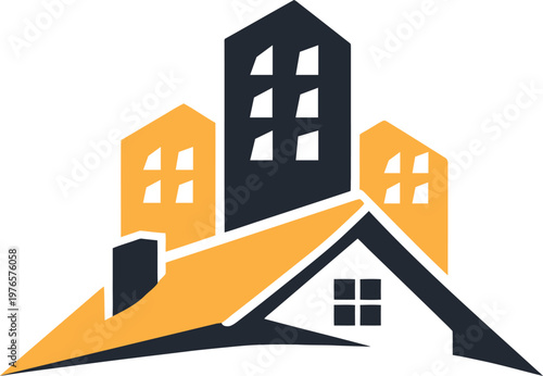 A clean and modern logo design combining residential houses with urban buildings, symbolizing real estate, property development, and construction. The orange and dark gray color scheme reflects energy
