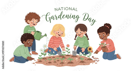 Cartoon illustration celebrating National Gardening Day, showcasing diverse children planting flowers and vegetables in a garden setting with cheerful colors and a flat lay composition
