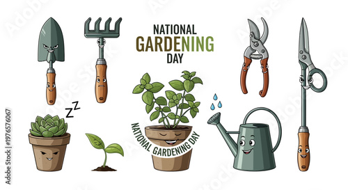 Cartoon illustrations celebrate National Gardening Day, showcasing gardening tools like a trowel, rake, and pruners alongside potted plants, set against a white background in a whimsical