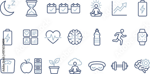 A comprehensive collection of line icons representing health, wellness, fitness, and productivity concepts, perfect for digital applications.
