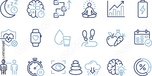 A collection of blue line icons representing healthy habits, wellness tracking, personal productivity, and daily lifestyle monitoring