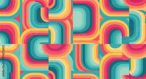 A vibrant retro-style abstract with curves and layered colors