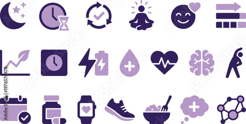 A collection of purple icons representing health, fitness, wellness, medical care, and daily habit tracking activities