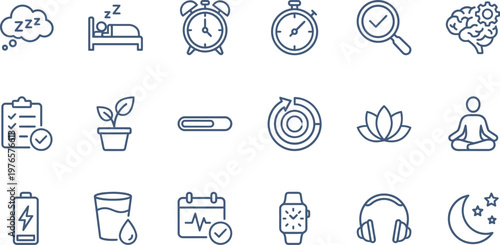 A collection of clean outline icons representing wellness, health tracking, sleep cycles, and daily personal habits monitoring