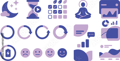 Set of purple digital icons representing mobile application user interface elements for tracking habits and data analytics