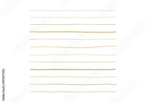 色々な太さのペンで書いた手描きの真っ直ぐな長い線のセット（黄色・緑）