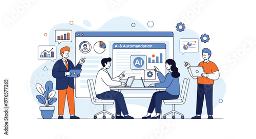 Illustration of a team collaborating around a large computer screen with graphs and charts in a