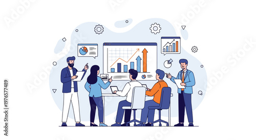 Illustration of a diverse team collaborating around a large computer screen displaying graphs and
