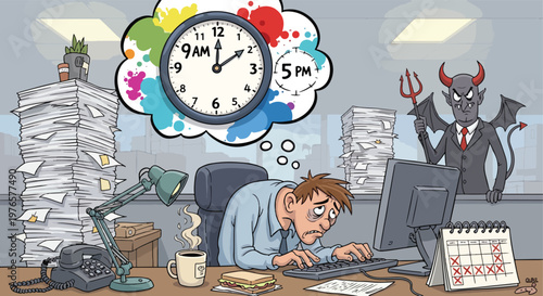 Cartoon illustration of a stressed businessman working late at a cluttered office desk with a clock
