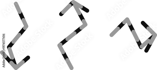 Hand-drawn set of three monochrome segmented arrows showing upward downward and forward directional movement illustration